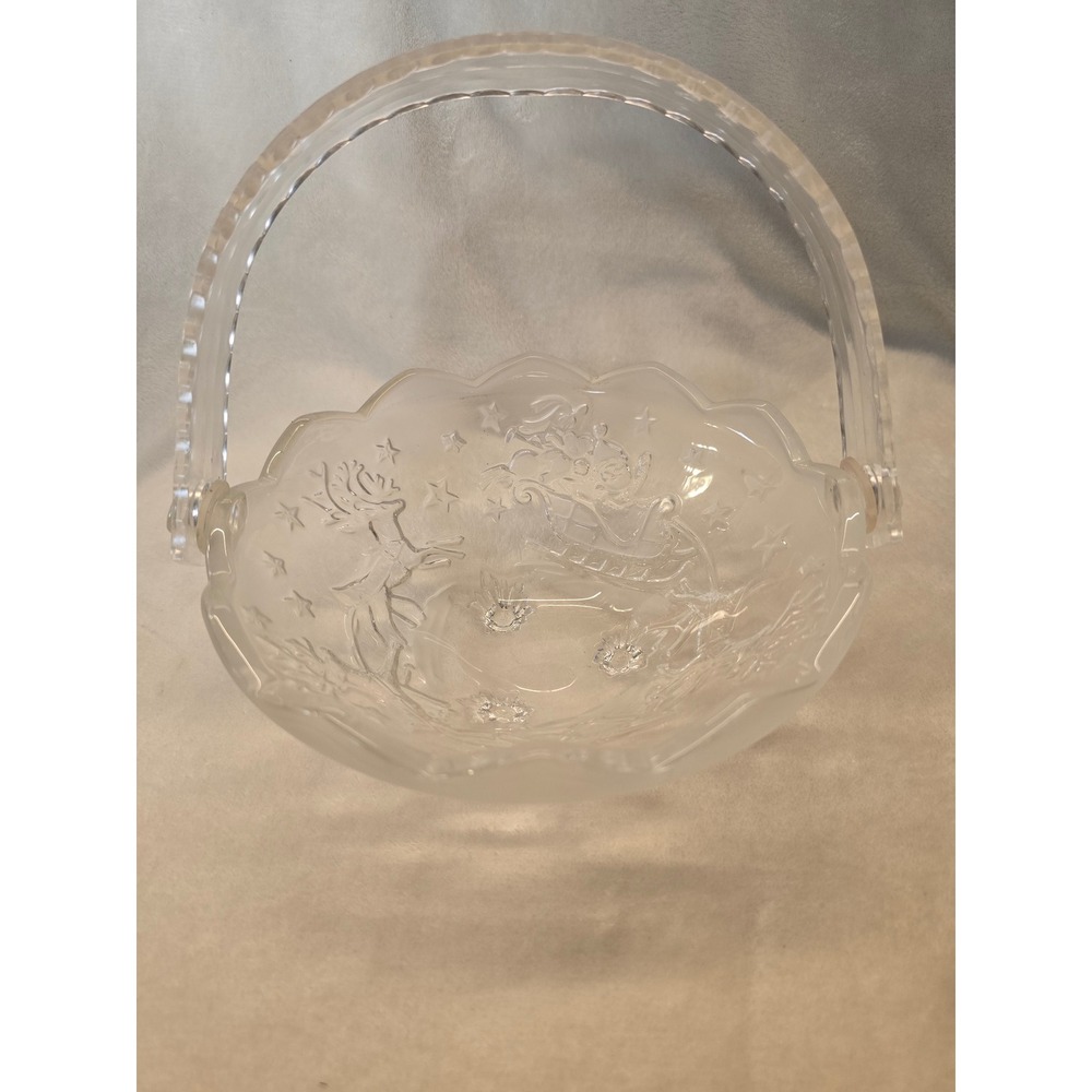 Vintage Mikasa Pressed Glass Christmas Santa Sleigh Reindeer Basket with Handle